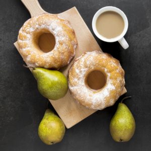 donuts-chopping-board-with-pears-coffee